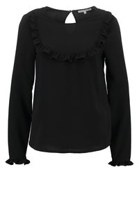 Černá halenka s dlouhým rukávem, volánkovým výstřihem a rukávy, měkká látka, kulatý klínek na zádech a hladká, plynulá silueta.