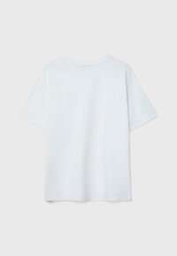 T-shirt bianca a maniche corte con collo rotondo e taglio dritto. Tessuto liscio, senza motivi o dettagli visibili. Vista posteriore mostrata.
