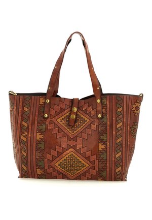 Borsa tote in pelle marrone con due manici, caratterizzata da motivi geometrici ispirati agli Aztechi e dettagli con bottoni in ottone sulla patta frontale.