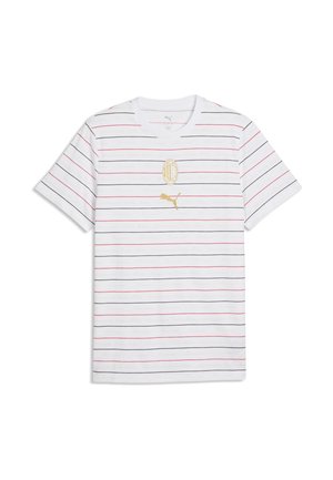 White short-sleeve shirt with thin horizontal black and red stripes, gold Puma logo, and gold AC Milan crest centered on the chest.