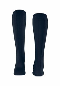 Calze al ginocchio di un blu scuro, realizzate in materiale a costine, con un bordo superiore ripiegato e una vestibilità aderente attorno al piede e alla gamba.
