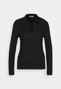 Czarna polo z długim rękawem z guzikowym kołnierzykiem, pionowym prążkowanym wzorem i dopasowanym krojem. Prosty i klasyczny styl.