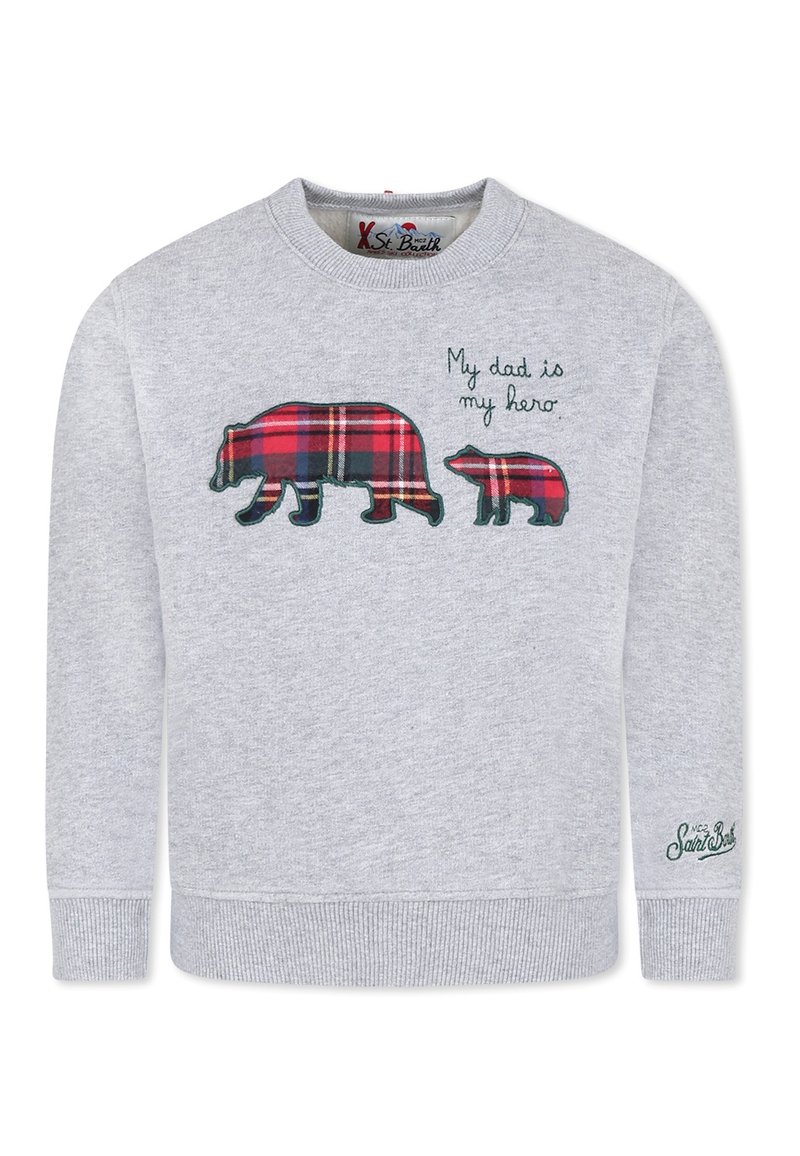 Felpa grigia con scollo rotondo, decorata con orsi ricamati in motivi a quadri. Il testo "Mio padre è il mio eroe" aggiunge un tocco di personalità. Polsini e orlo a costine.