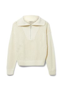 Maglione in maglia cremosa con motivo a trama aperta, polsini e orlo a coste, un ampio colletto e una zip frontale a metà con un tirante rotondo.