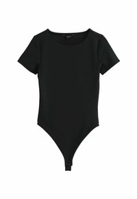 Černý body s krátkým rukávem a kulatým výstřihem, hladká textura a zapínání na tanga. Vyrobeno z elastické látky pro pohodlí.