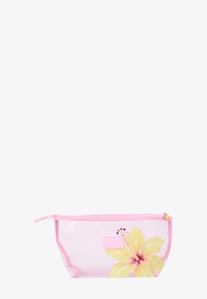 Bolsa transparente con cremallera de color rosa con una gran flor de hibisco amarilla impresa en la parte inferior derecha.