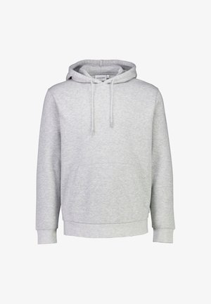 Sudadera ligera de color gris claro, hecha de una mezcla de algodón, con un bolsillo frontal, cordones ajustables y puños y dobladillo acanalados.