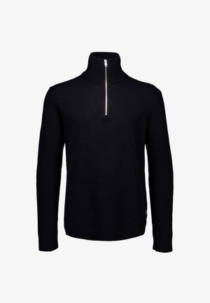 Schwarzer Zip-Hoodie mit hohem, geripptem Kragen, aus weichem Stoff. Verfügt über einen silbernen Reißverschluss sowie gerippte Bündchen und Saum.