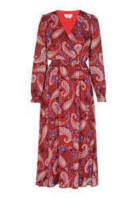 Rotes Paisley-Wickelkleid mit langen Ärmeln, V-Ausschnitt und elastischem Bund. Verfügt über blaue florale Akzente vor einem strukturierten Hintergrund.