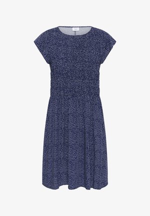 Navy dress with white speckled pattern, short sleeves, a fitted waist, and a flared skirt; lightweight fabric with a smooth texture.