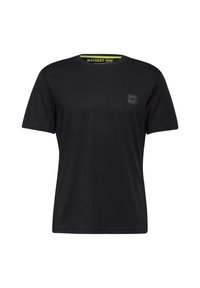 Sort T-shirt med korte ærmer lavet af bomuld. Har en rund hals og et lille logo på venstre bryst. Glat tekstur, afslappet pasform.
