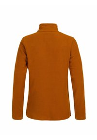Mikina s dlhým rukávom a zipsom pri krku v teplej oranžovej farbe. Mäkkučký materiál, voľný strih a ploché švy. Bez vreciek alebo viditeľných kovových častí.