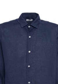 Marineblauwe linnen shirt met een kraaghals, voorzien van zes knopen aan de voorkant en een subtiele textuurafwerking. Etiket zichtbaar aan de binnenzijde.