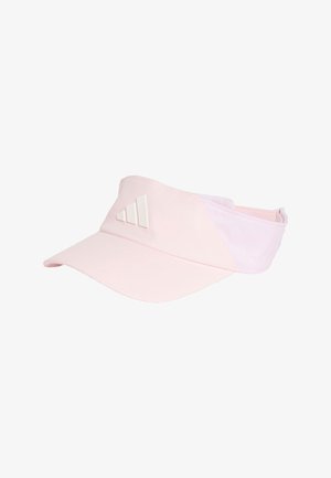 Visiera sportiva rosa chiaro con visiera curva e logo triangolare bianco sulla fascia frontale.
