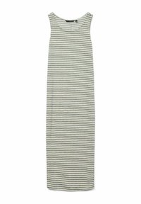 Robe maxi rayée avec un col rond, sans manches, en tissu léger, et des rayures horizontales dans des tons de gris et de crème.