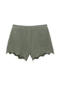 Olivgröna stickade shorts med ett nätmönster, scalloped fåll och elastisk midja. Har öppna detaljer för andningsförmåga.