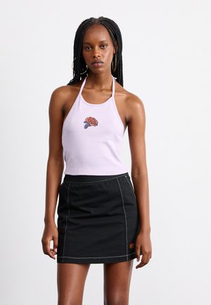 Lilac halter top with a rose embroidery at the center; paired with a black denim mini skirt featuring contrasting stitching and a logo patch.