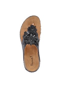 Schwarze Leder-Sandale mit Rutschschnalle, die dreidimensionale Blumenakzente, eine Kork-Innensohle und eine strukturierte Sohle für besseren Halt bietet.