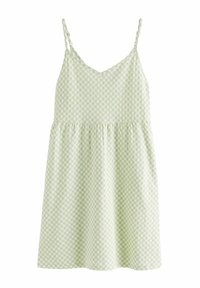 Vihreä mekko ruudullisella kuviolla, V-pääntie ja ohuet olkaimet. Mekossa on tiukka yläosa, miinuskoko ja levenevä hame.