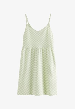 Hele roheline kleit ruudulise mustriga, V-kaelusega ja õhukeste rihmadega. Kleit on hästi sobitatud korpusega, kogutud vöökoht ja laiendatud seelik.