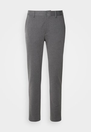 Pantaloni grigi a taglio dritto, realizzati in un tessuto morbido. Presentano una chiusura con bottone e zip e tasche laterali. Design pulito senza motivi.
