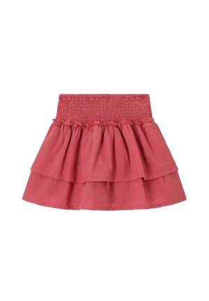 Rode gelaagde rok met een brede geplooide tailleband en twee lagen ruches, ontworpen voor kinderen.