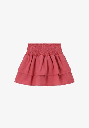Roter, abgestufter Rock mit breitem, gerafftem Bund und zwei Lagen Rüschen, für Kinder entworfen.