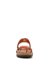 Open-toed sandal featuring red-orange leather straps, a woven design, and a cushioned footbed with a tan color base. Rubber sole for grip.