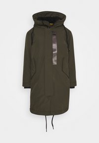 Oliën groene parka jas met een capuchon gevoerd met imitatiebont, twee zijzakken, een glanzend zwart paneel aan de voorkant en een aantrekkoord in de zoom.