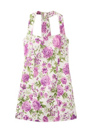 Vestido blanco sin mangas con estampado floral en rosa y púrpura y detalles de lazo en el cuello halter.