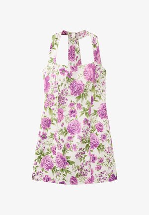 Robe blanche sans manches avec imprimé floral rose et violet et détails noués au col licou.