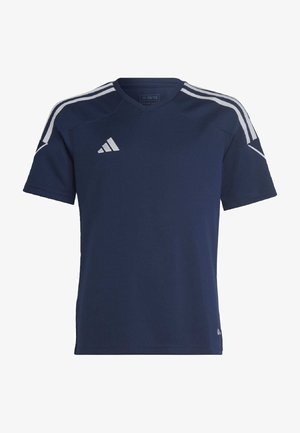 Navy blue jersey with short sleeves, V-neck design, white three-stripe accents on shoulders, and logo positioned on the chest.