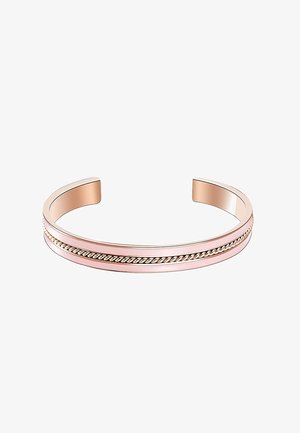 Armband aus Roségold mit einem geflochtenen Silberakzent in der Mitte, glatte Oberfläche und offene Enden für einen bequemen Tragekomfort.