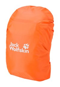 Housse de sac à dos imperméable Jack Wolfskin de couleur orange vif avec le logo centré sur fond blanc.