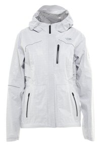 Jasnoszara kurtka z kapturem w wzory, z zamkiem błyskawicznym z przodu, kieszenią na piersi oraz dwiema kieszeniami bocznymi, zaprojektowana do użytku na zewnątrz.