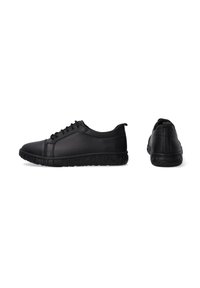 Schwarze Schnürsneaker aus glattem Leder mit einer strukturierten Gummisohle. Sie verfügen über eine runde Zehenform und ein minimalistisches Design.