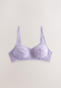 Light purple lace bra with adjustable straps, underwire cups, and a small bow detail at the center front, laid flat on a neutral background.
