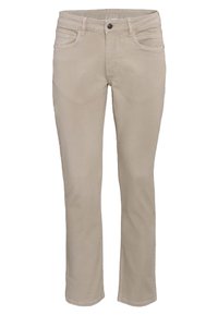 Beige Baumwollhose mit geradem Bein, fünf Taschen und einem vorderen Knopfverschluss. Glatte Textur mit dezenten Nähdetails.