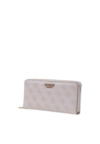 Pink patterned wallet made of synthetic material, featuring a zip closure, logo detail, and a smooth texture with geometric designs.