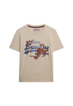 T-shirt en coton beige à col rond, avec un design graphique coloré d'un tigre et du texte, à manches courtes et à coupe décontractée.