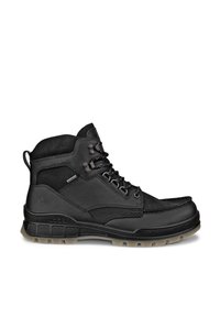Schwarzer knöchelhoher Outdoor-Lederschuh mit Schnürung vorne, gepolstertem Kragen, dicker strukturierter Sohle und Zuglasche an der Ferse.