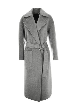 Pardessus in misto lana grigio con un taglio lungo e dritto, ampi risvolti, vita con cintura e due tasche frontali. Texture morbida con dettagli minimi.