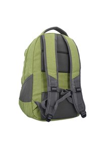 Grüner Stoff-Rucksack mit grauen Mesh-Details, gepolsterten Trägern und Seitentaschen. Verfügt über eine gerundete Form und zwei verstellbare Träger.