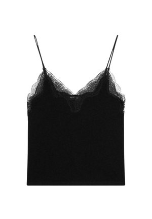 Zwarte camisole met kanten rand, voorzien van dunne verstelbare schouderbandjes. Zachte stof met een gladde textuur en een aansluitende pasvorm.