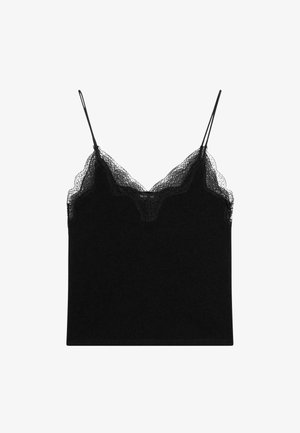 Zwarte camisole met kanten rand, voorzien van dunne verstelbare schouderbandjes. Zachte stof met een gladde textuur en een aansluitende pasvorm.