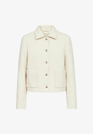 Krémová bunda s textúrou na gombíky, golierom a dvoma náprsnými vreckami, navrhnutá pre priliehavý strih.
