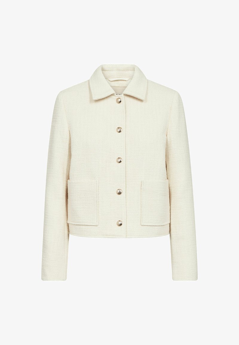 Giacca a bottoni color crema con collo e due tasche applicate frontali, progettata per una vestibilità sagomata.