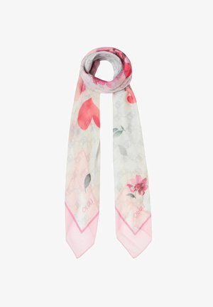 Sciarpa lunga e leggera in tessuto trasparente. Presenta un motivo floreale in rosa e verde su uno sfondo chiaro, con un bordo rosa.