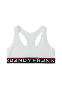 Vit sport-bh med racerback-design, försedd med ett svart och rött band med texten "DANDY FRANK". Slät textur, minimalistisk stil.