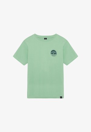 Miętowo-zielona koszulka z krótkim rękawem wykonana z miękkiej bawełny. Na przodzie znajduje się okrągłe logo z napisem. Prosty design i standardowy krój.